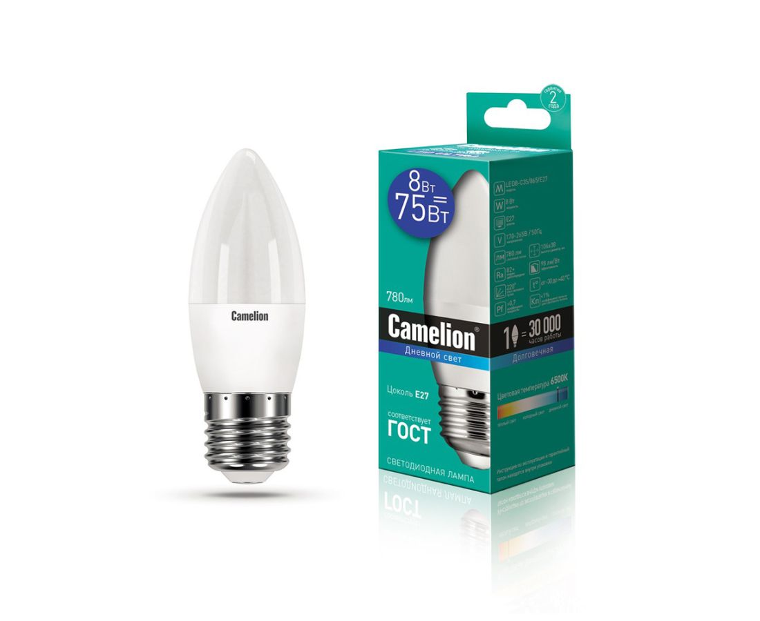 ლედ ნათურა ეკონომიური LED8-C35/865/E27 8ვტ=75ვტ — ნათურა და ვაზნა